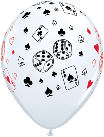 Ballons Qualatex Blanc Impression Cartes et D&eacute;s rouge et noir 11(28cm) poche de 25 ballons