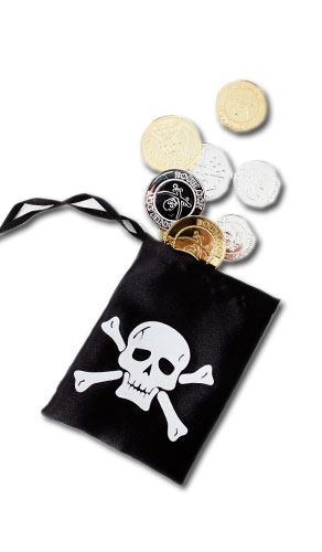 Bourse de pirate noire avec 12 pièces dorées et argentées