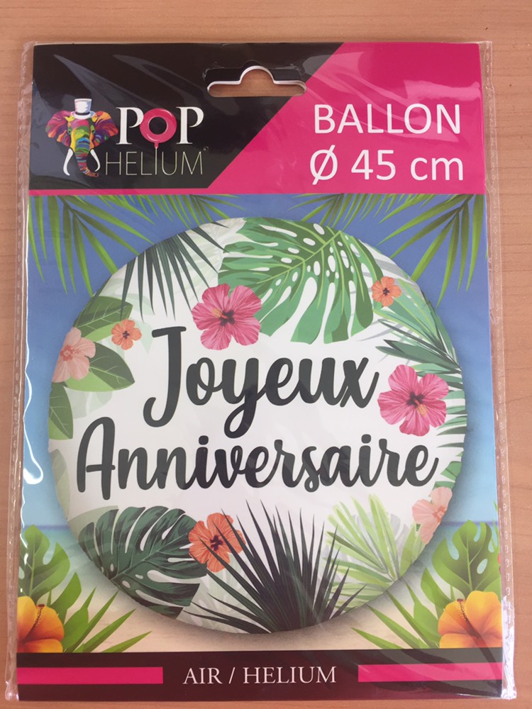 Ballon Alu Rond JOYEUX ANNIVERSAIRE TROPICAL  45 cm