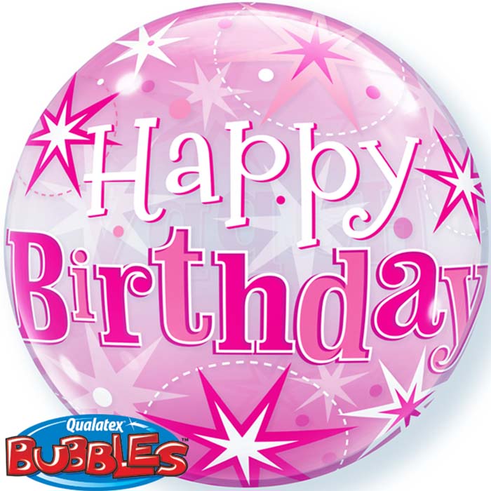 Ballon BUBBLES Qualatex 56cm de diam&egrave;tre Anniversaire Rose Happy Birthday