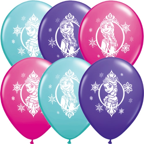 Ballon Qualatex 11 28cm impression Disney  de Frozen la Reine des Neiges (couleurs : bleu turquoise , wild berry et violet ) poche de 25 ballons