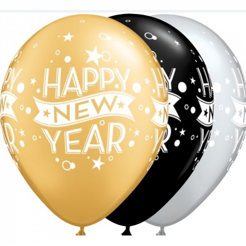 Ballon Qualatex 11 28cm impression Happy New Year (couleurs : noire ) poche de 6 ballons