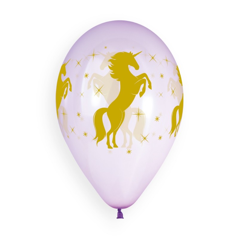 Ballon imprim&eacute;  Licorne Or  &eacute;toiles Multicolore Chrystal en Poches de 5 ballons 28cm