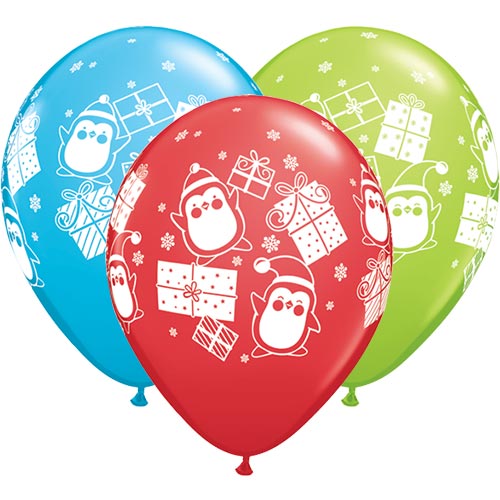 Ballons Qualatex  Rond 11&#039;&#039; (28cm) imprim&eacute;s  pingouins et cadeaux  assortiment Noel