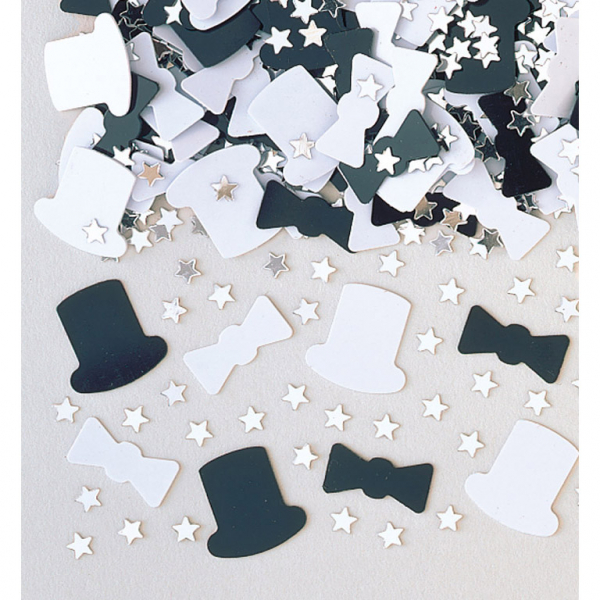 Confettis de Table Chapeaux Haut de Forme et Nœuds Papillons Noir et Blanc petites étoiles argent  Sachet de 14gr
