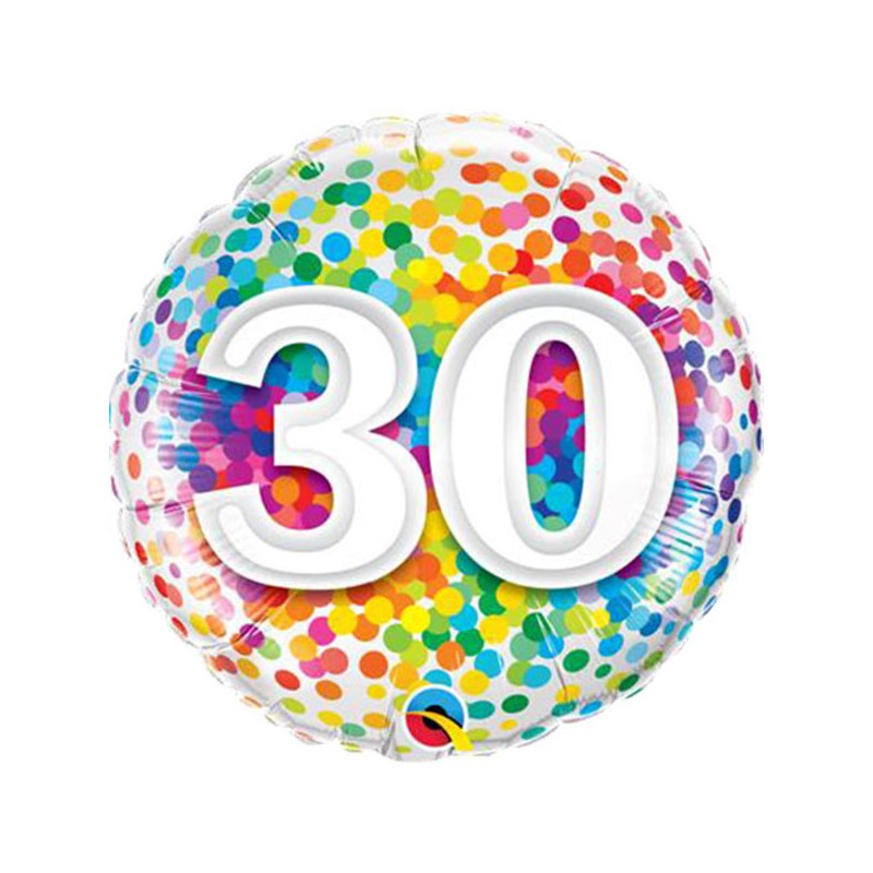 Ballon Alu Rond impression chiffres 30 Confettis 18 45cm