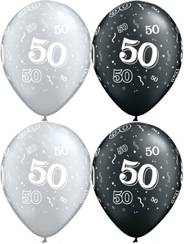 Ballon Qualatex 11 28cm Rond Special ast  Chiffre 50  Argent et Noir poche de 25 Ballons