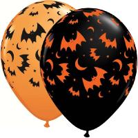 Ballon 11 28 cm Qualatex Impression Flying Bats &amp; Moons autour assortiment Halloween Orange et Noir poche de 25
