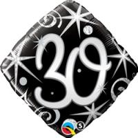 Ballon Alu Carr&eacute; impression chiffres 30 noir argent et blanc en 18 45cm