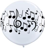 Ballon Qualatex Blanc impression Notes de Musique noire 3&#039; (90cm)