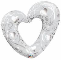 Ballon alu Qualatex forme de coeur avec arabesque blanc 107 cm