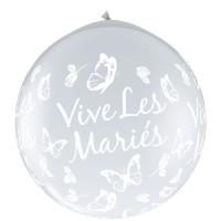 Ballons 90cm Rond Pearl White (blanc perl&eacute;)  VIVES LES MARIES Papillons