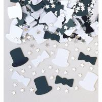 Confettis de Table Chapeaux Haut de Forme et N&oelig;uds Papillons Noir et Blanc petites &eacute;toiles argent  Sachet de 14gr