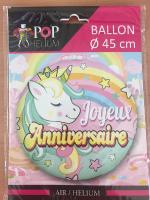 Ballon Alu Rond JOYEUX ANNIVERSAIRE LICORNE 45 cm
